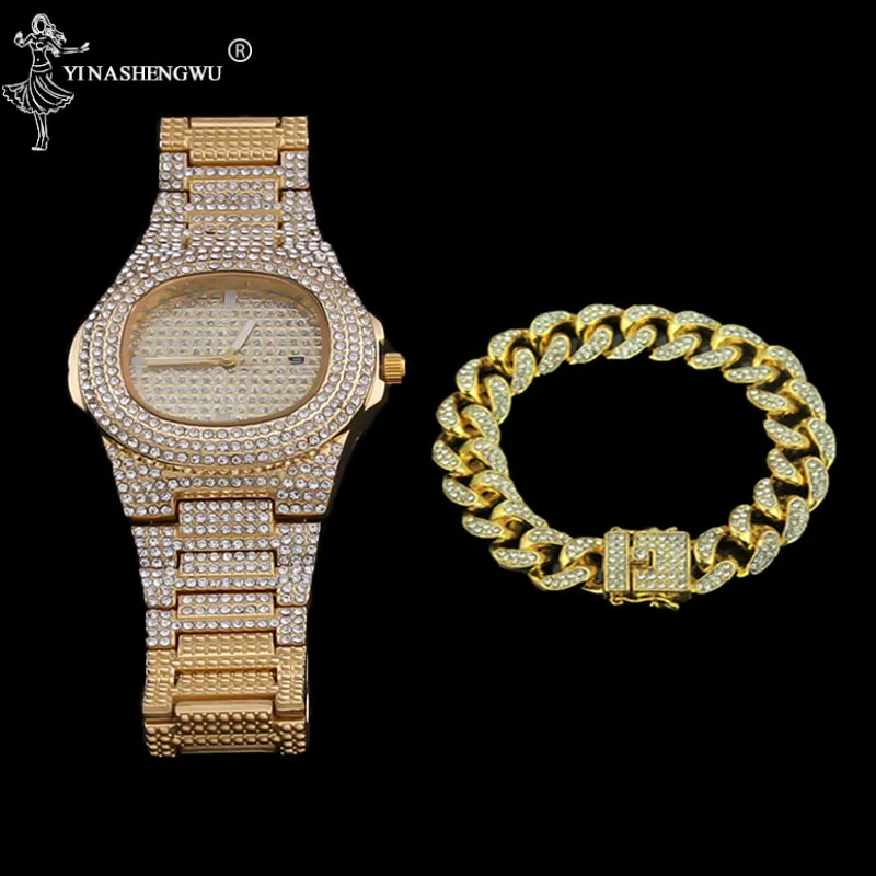 Роскошные золотые часы в стиле хип-хоп мужские ожерелье и браслет комплект из