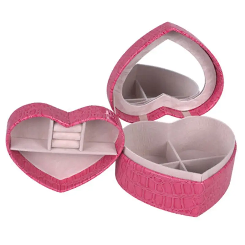 

Шкатулка для ювелирных изделий в форме сердца, простой элегантный двухслойный органайзер для хранения украшений с зеркалом, из искусственн...