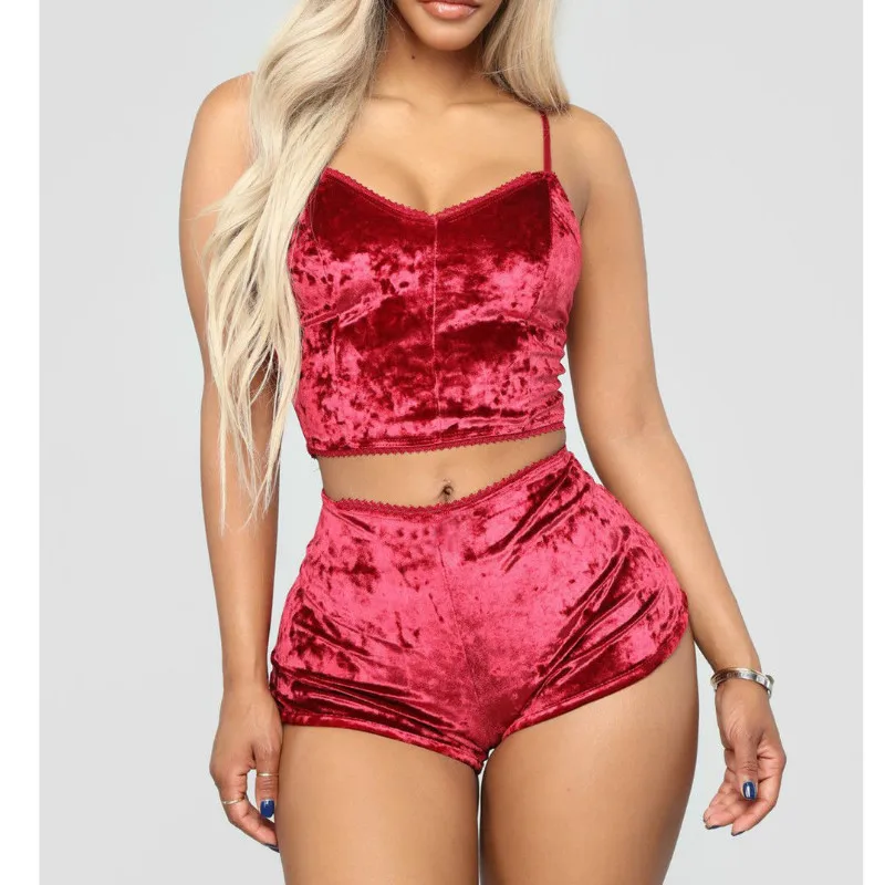 

2019 Fashion Women 2pcs Velvet Sleepwear Sexy Spaghetti Strap Shorts Pajama Set Ladies Sleepwear female