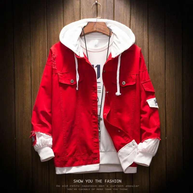 Повседневная мужская джинсовая куртка с капюшоном свободная дырками однотонная