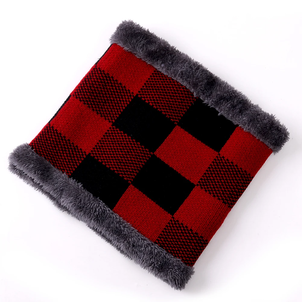 Высококачественные хлопковые зимние шапки с меховыми полями Skullies Beanies, шапка для мужчин и женщин, шерстяные шапки, маска Gorras Bonnet, вязаная шапка - Цвет: grid red scarf