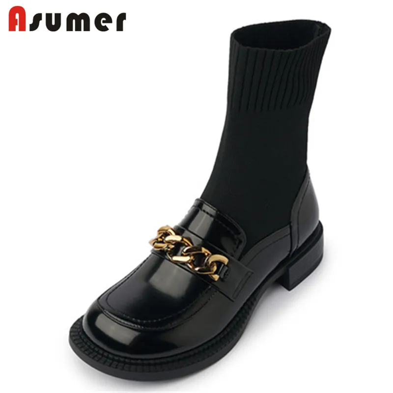 

Asumer Hot Sale Knitting Stretch Boots Women Shoes Low Heels Comfortable Fashion Casual Shoes Chain Winter Ankle Boots Women