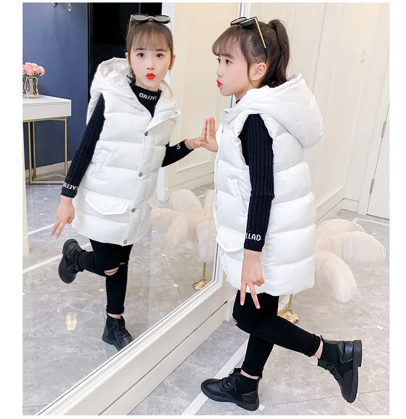 Autumn Spring Children Mid-length Sleeveless Hoodies Jacket Kids Casual Hooded Waistcoat Girls Boys Thick Warm Long Vest Outwear