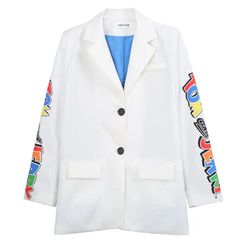 2020 весенние куртки с мультяшным принтом и зубчатым воротником Модные женские