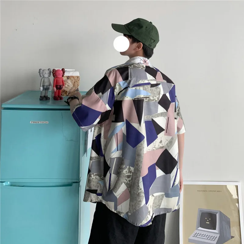 Summer Dress Shirt Men's Fashion Geometric Printed Casual Shirts Mens Streetwear Wild Loose Short Sleeve Shirt Men M-5XL