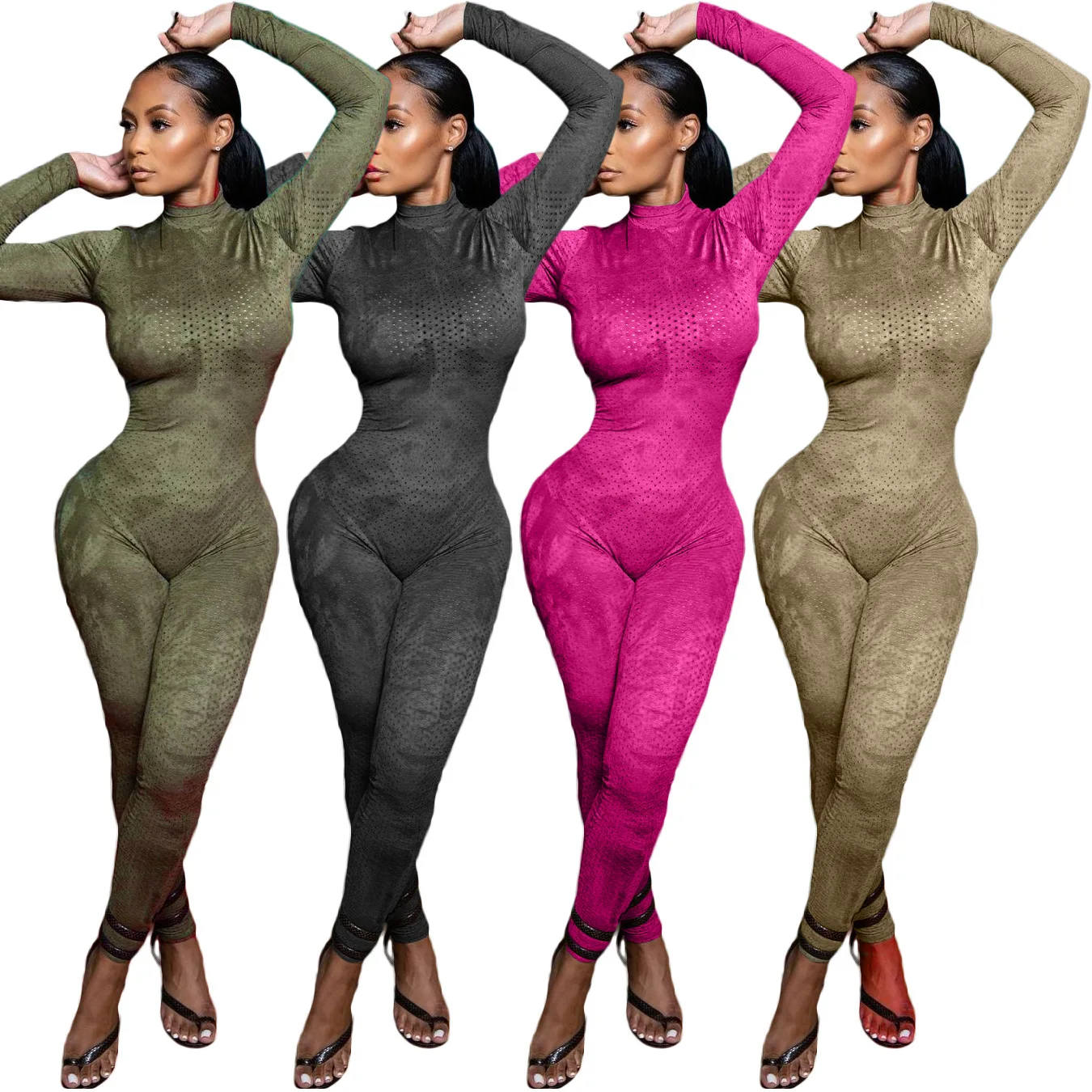 

Tie Dye Gauze Mesh Hollow Out Jumpsuit Woman Long Sleeve Turtleneck Skinny One Piece Overalls Casual Fitness Sporty Outfits