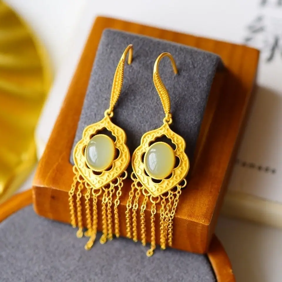 

Natural Hetian jade Jasper geometric Tassel Earrings Chinese style retro unique ancient gold craft charm female silver jewelry