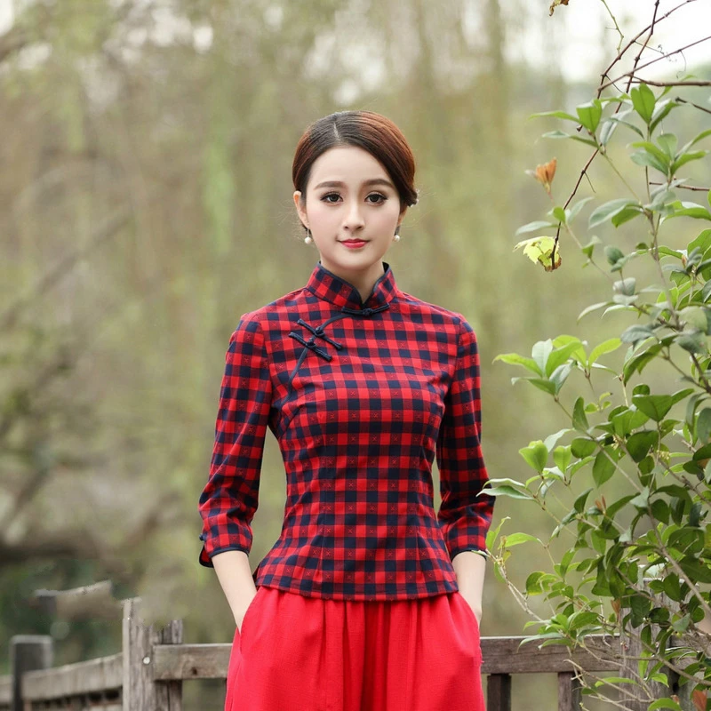 Красно черная клетчатая блузка хлопковая рубашка в китайском стиле Женский
