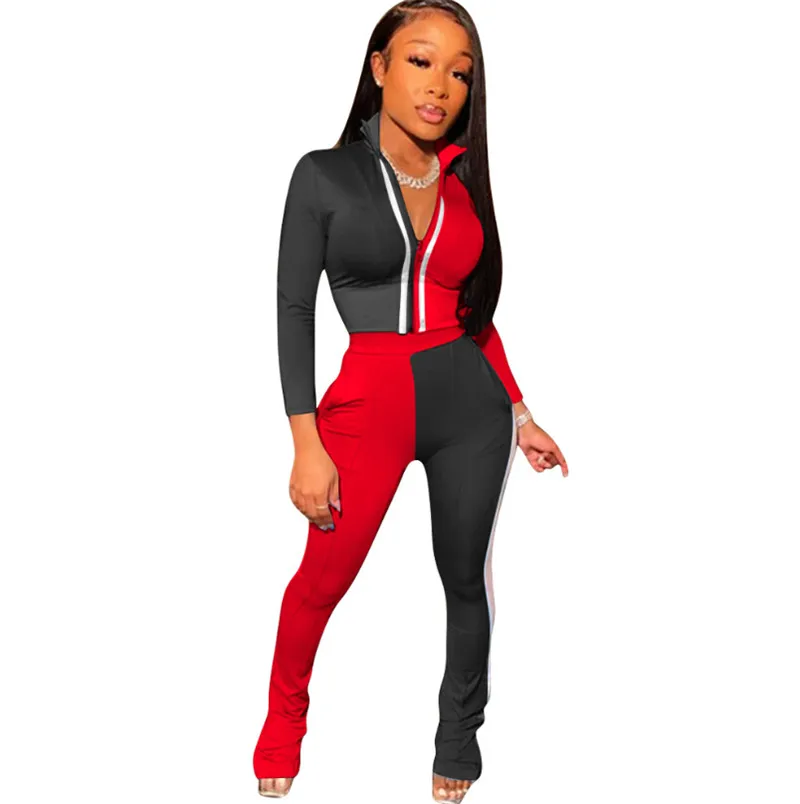 

Workout Active Wear Two Piece Tracksuits Womens Sporty Long Sleeve Fitness Zipper Top Patchwork Trousers Pants