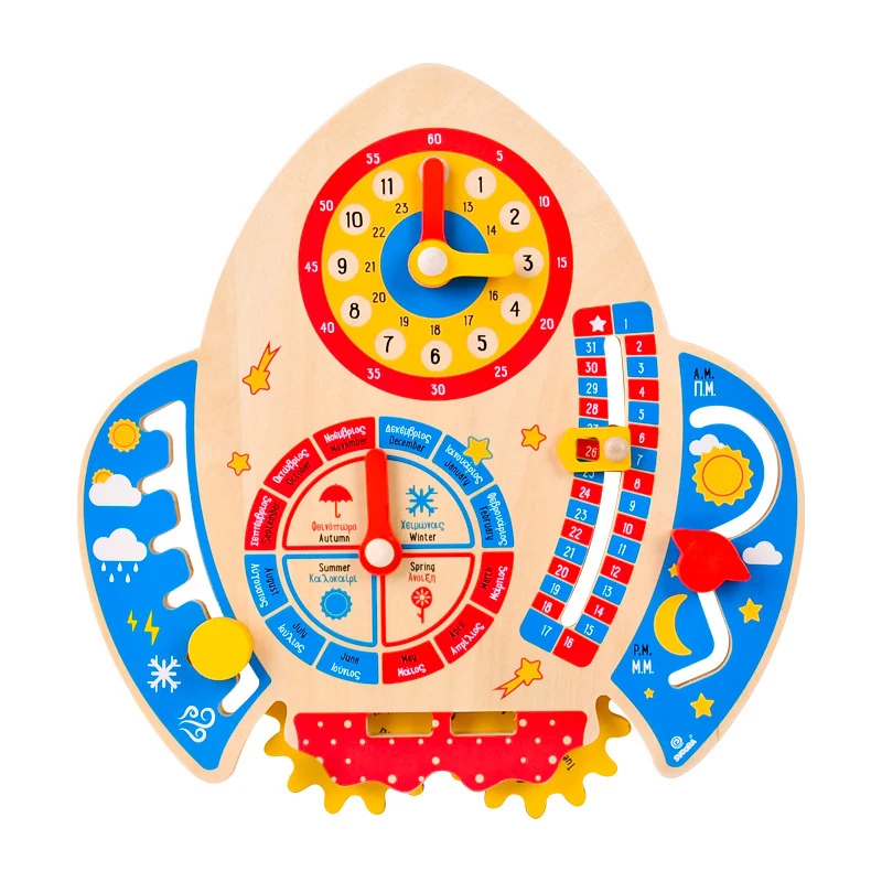 

Wooden Rocket Clock Toy Calendar Hanging Board Cognitive Puzzle Children Baby Cognitive Clock Early Childhood Toys