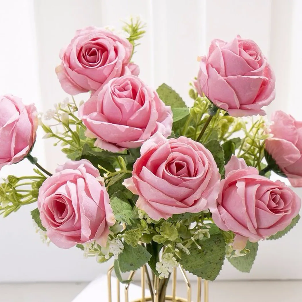 

9 Flower Head 1 Bouquet Artificial Silk Lotus White Pink Yellow Blue Rose Flowers Bride Flower For Wedding Craft Decoration