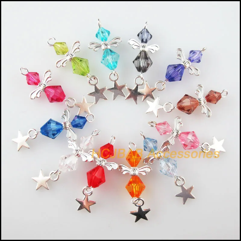 24 новые Lozenge амулеты Ангелы & Star Смешанные Цветочные посеребренные акриловые Подвески 14x34 мм