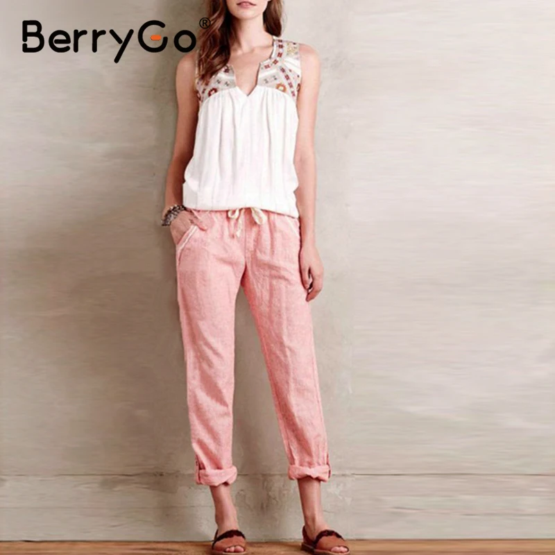 BerryGo High waist tie up causal pants women 2020 Spring streetwear cotton female Holiday office lady summer | Женская одежда