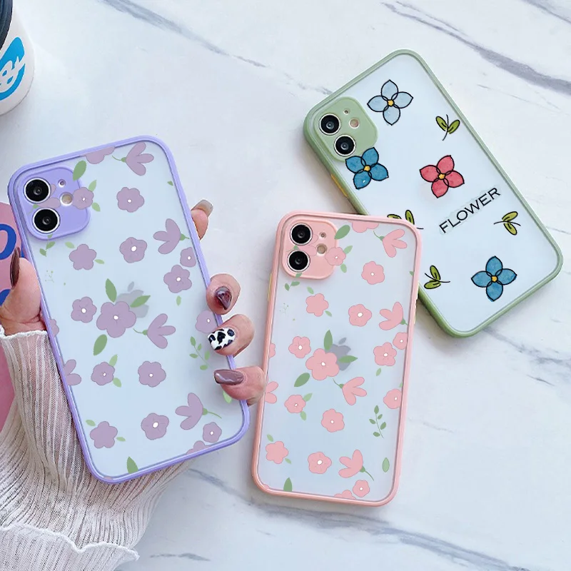 

Camera Protection Phone Case For iPhone 13 11 12 Mini Pro Max X XS Max XR 7 8 Plus 6S Plus SE 2020 Flower Clear Matte Hard Cover