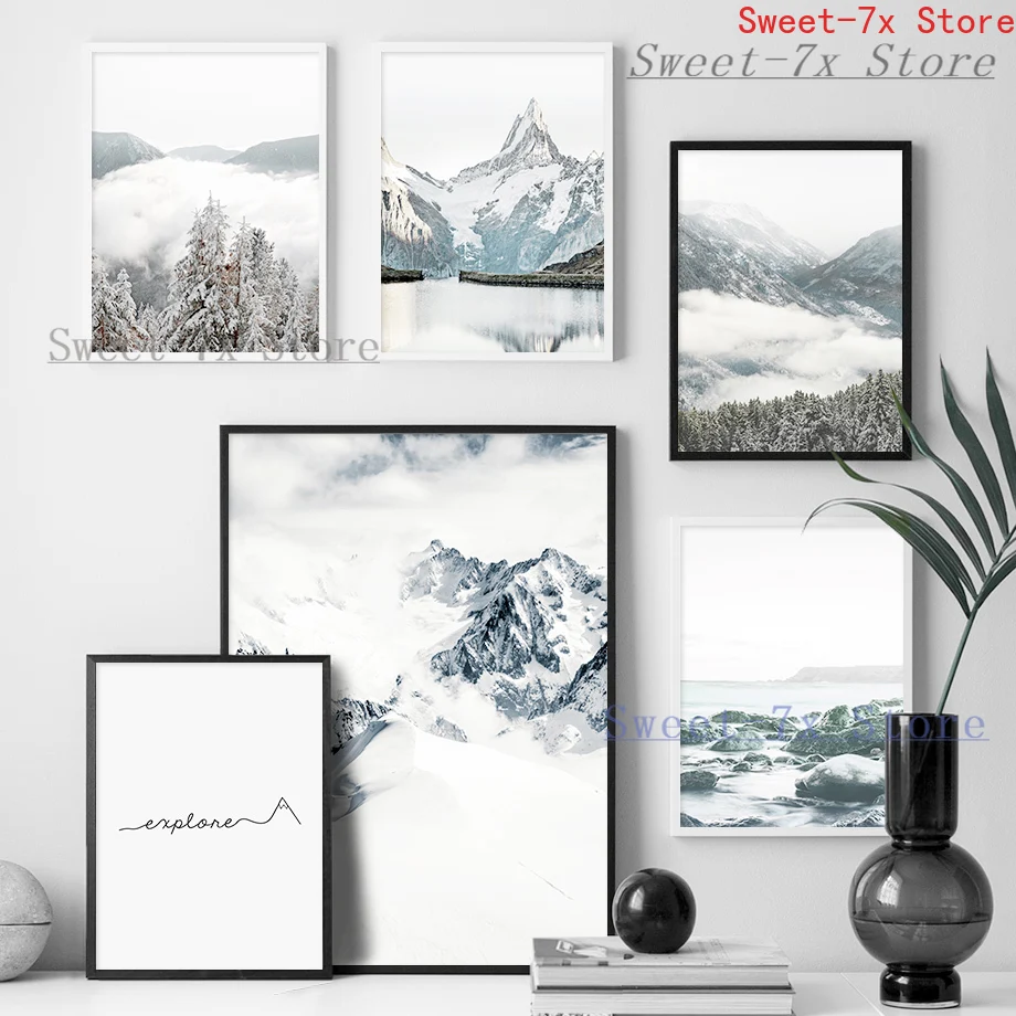 

Alps Fog Snow Mountain Lake Seascape Canvas Painting Art Nordic Posters and Prints Wall Pictures for Living Room Decor Frameless