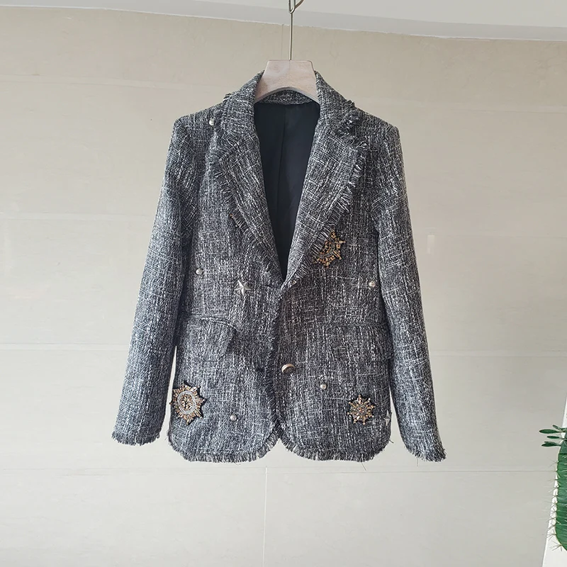 

Gray Plaid Tweed Jackets Women Tassel Single Breasted Coats Pearls Autumn Winter Outwear Notched Collar Vintage Woolen C906