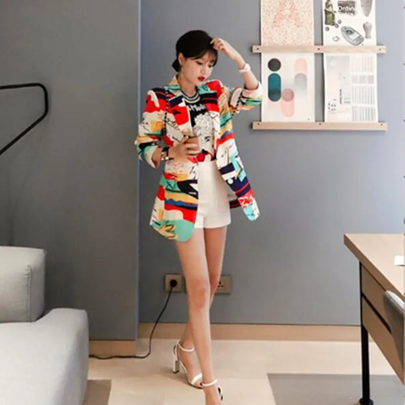 2023 New Spring Thin Coat Women Elegant OL Business Office Clothes Fashion Colorful Block Print Long Sleeves Slim Coat Outwear