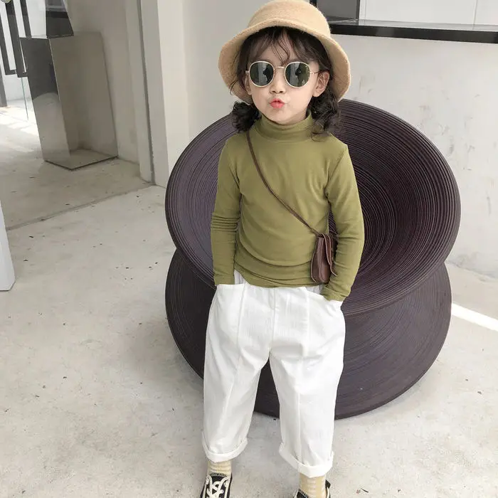 

2021 Autumn New All-match Solid Color Girls Bottoming Shirt Baby Long-sleeved T-shirt Children High-elastic High-necked Top