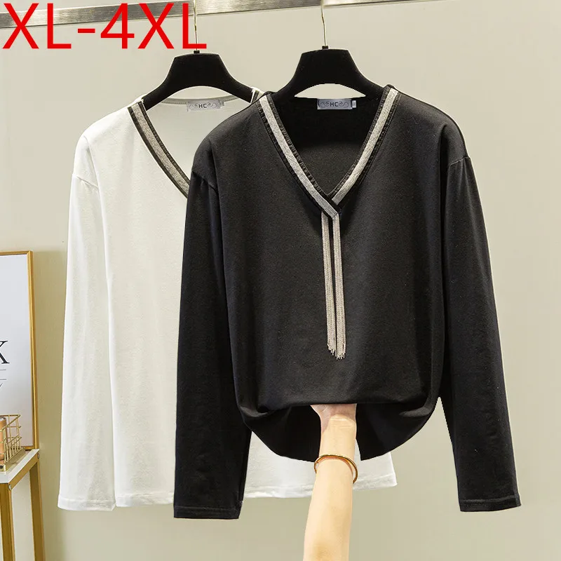 

Missfansiqi Autumn Plus Size Women V Neck Tassel Long Sleeve Cotton T-shirt Large Loose Casual Tops Black White Tees 2XL 3XL 4XL
