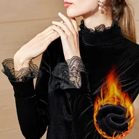 lace edge velvet half high collar plush thermal underwear tops women intimates with flared sleeves in autumn and winter 2020