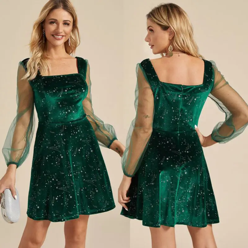 Женское платье с длинным пышным рукавом прозрачное бархатное зеленое тонкое