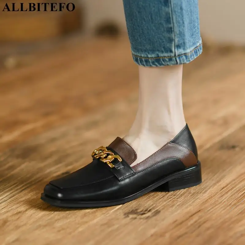 

ALLBITEFO Golden Chain Design Fashion Comfortable Soft Genuine Leather Office High Heel Shoes Spring Girls Women Heels Shoes