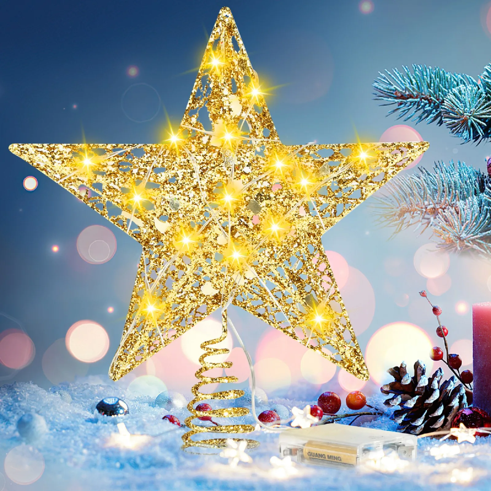 

Christmas Tree Topper Star 8in Hollow-out Glitter Tree Top Star with String Lights Xmas Tree Decoration