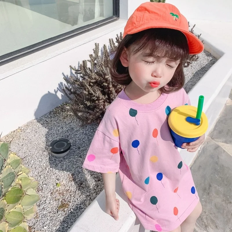 

Girls Long T-shirt 2021 Summer New Girls Cotton Short Sleeve Dress Toddler Children's Round Neck Casual Dress