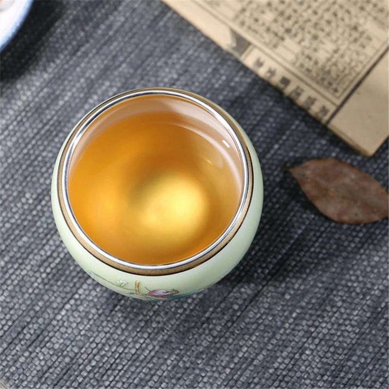 

999 Silver gilt tea bowl Ru Kiln Antique Tea Cup Chinese kungfu master tea cup porcelain handpainted cup of tea Chinese tea cup