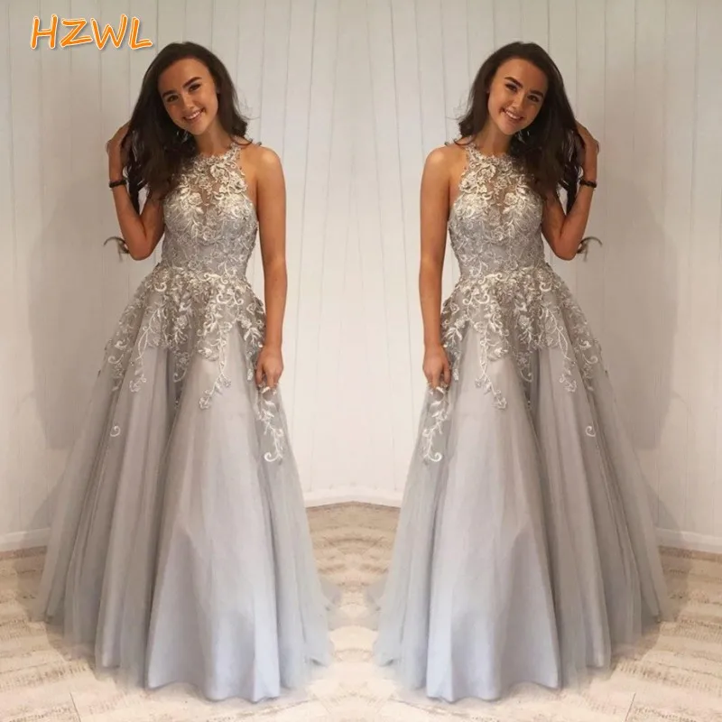 

Silver Lace A Line Prom Dresses 2021 Halter Sleeveless A Line Evening Gowns Zipper Back Robe De Soiree Formal Party Dress
