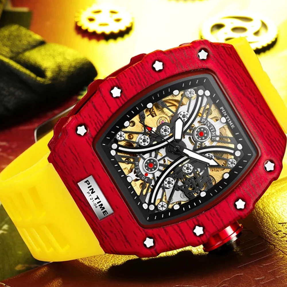 

2021 Top Brand High End Red Watches Waterproof Dive Hollow Tonneau Mechanical Mens Watch Luxury Automatic Date Tourbillon Clocks
