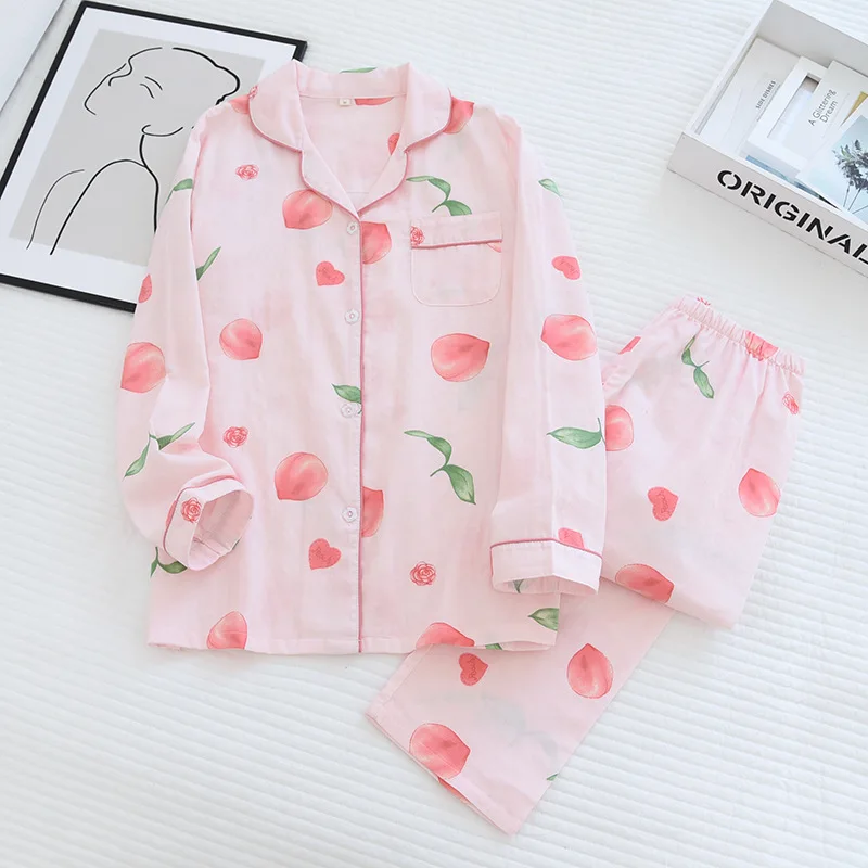 Spring/summer New Pajamas Set Women Pure Cotton Gauze Long Sleeve Peaches Pajamas Set for Ladies Soft Thin Comfortable Home Wear