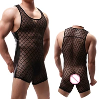sexy men undershirts faux leather mesh transparent jumpsuits lingerie one piece wrestling singlet bodysuits shorts gay underwear