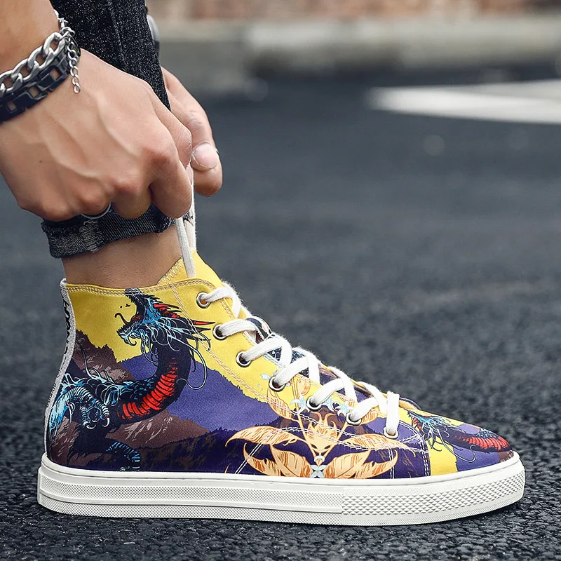 New Men's Sneakers Shoes High top Fashion Cartoon Printed Men Casual Hip-hop Graffiti Mens Trainers zapatillas hombre 2020 |
