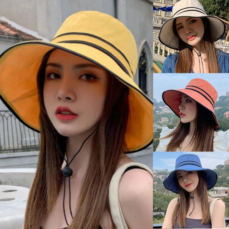 

Womens Summer Floppy Wide Brim Sun Hat with Chin Strap Elegant Solid Color Striped UV Protection Visor Travel Vacation Cap