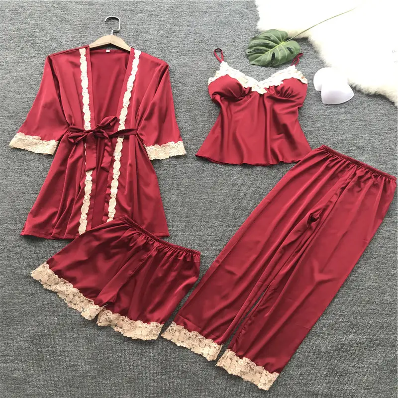 Женская одежда для сна сексуальные пижамы набор из четырех предметов шелковая