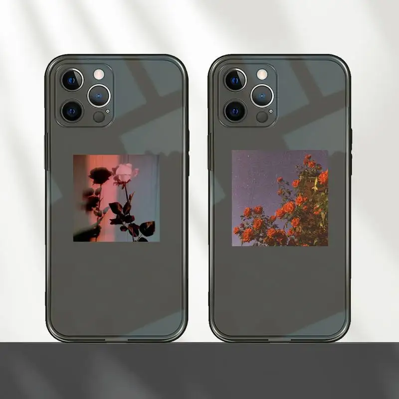 

flower Phone Case For iPhone 12 11 8 7 mini pro X XS XR MAX Plus Black Transparent Cover