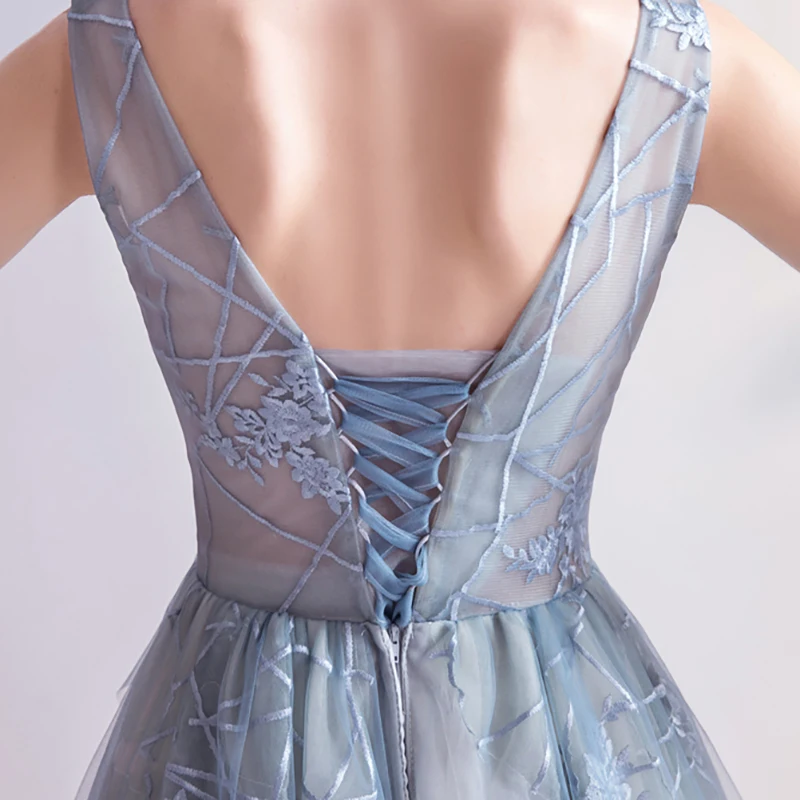 

Evening Dress Illusion V-Neck Embroidery Sleeveless Lace A-Line Tulle Pearls Pleat Beading Floor-Length Women Formal Gown TS632