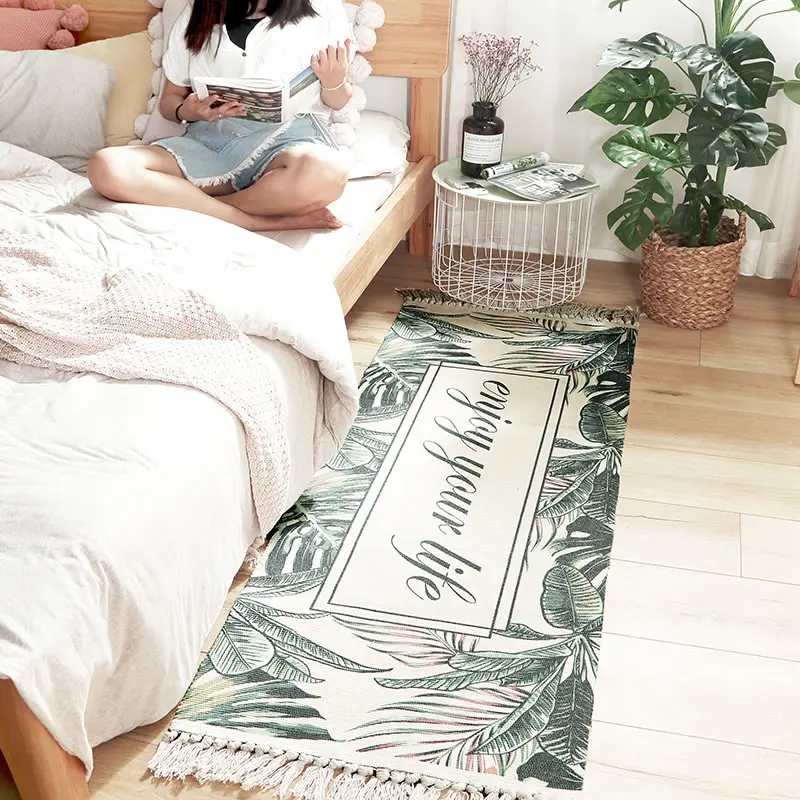 

Cotton Linen Bedside Woven Mat Carpet Bedroom Runner Rug Carpets For Living Rugs Bohemia Room Hand Geometric Made