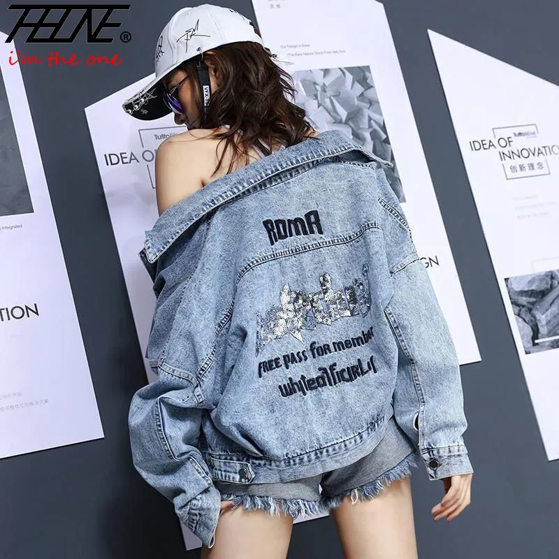 

THHONE Denim Jackets Women Jeans Coat Short Tops Bling Print Letter Fashion High Street Style Loose Outwear Abrigos Chaquetas