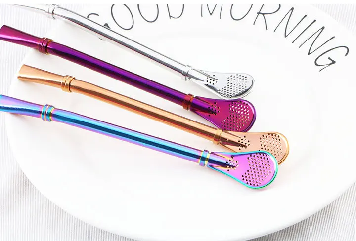 

Gold Straw Filter Spoon Milk Purple Rose Gold Spoon Stainless Stirring