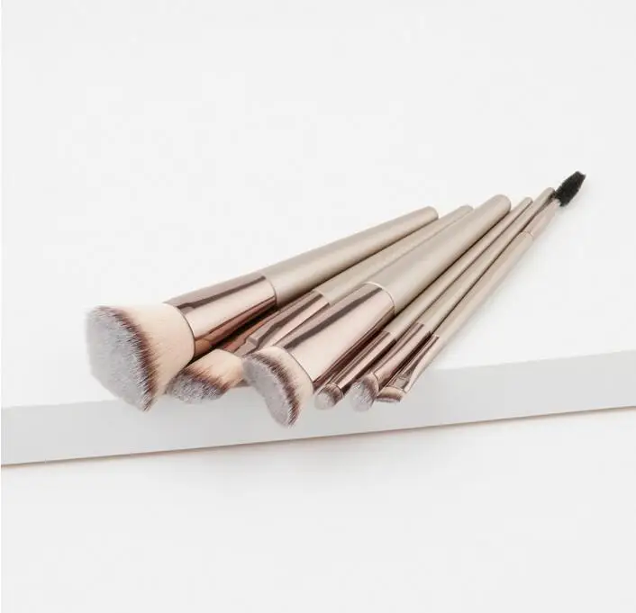 

high-quality 6pcs makeup brushes set Champagne gold wooden handle with aluminum tube and nylon wool