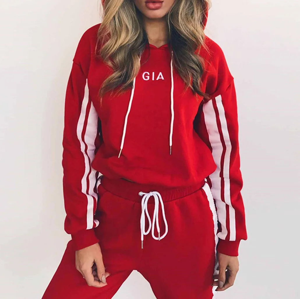 autumn two piece set Women Casual Colorblock Striped Hooded Long Sleeve Crop Tops+long Pants Running Workout Fitness Sports Suit