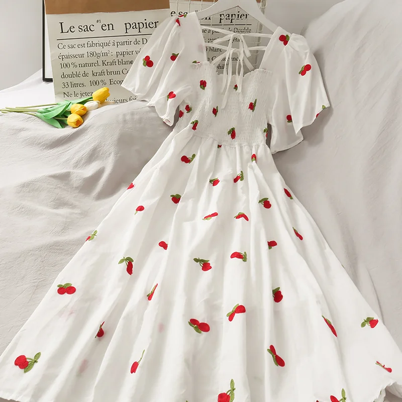 

Kimutomo 2021 Summer Printing Dresses Women Square Collar Lace-up Short Sleeve Slim Waist Korean Chic Vestido Feminino