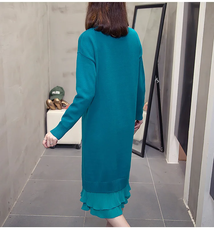 XL-4XL размера плюс, женское вязаное платье с высоким воротом, зима, длинный рукав, пэтчворк, гофрированный женский свитер, теплые платья