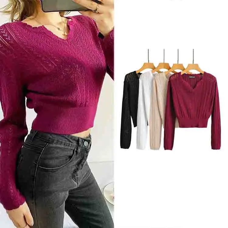 

Женский свитер с V-образным вырезом Za, Осенний укороченный топ с вырезами, 2021