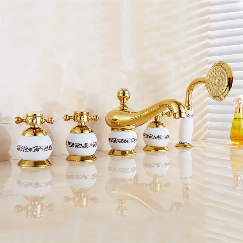 

Набор смесителей для ванной комнаты, 5 шт., смесители для раковины, Золотая латунь и нефрит, смеситель для горячей и холодной воды с ручным ду...