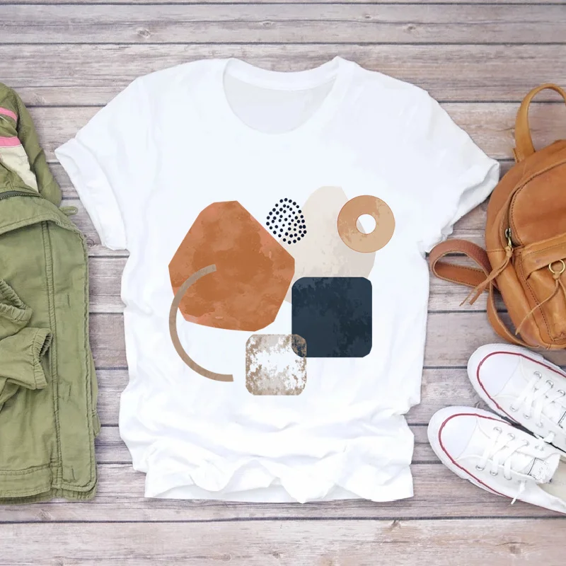 

Geometric Graphic Print T Shirts Lady Tees Harajuku 90s Casual Soft Tops Tshirt Women O-neck Short Sleeve White T-shirt Female