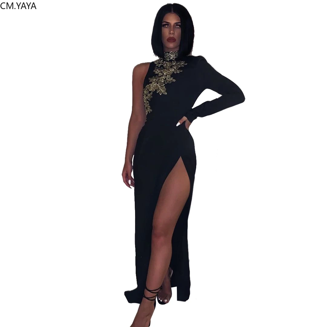 Женское платье макси с вышивкой длинное облегающее одним рукавом и круглым вырезом весна зима 2020|Женские