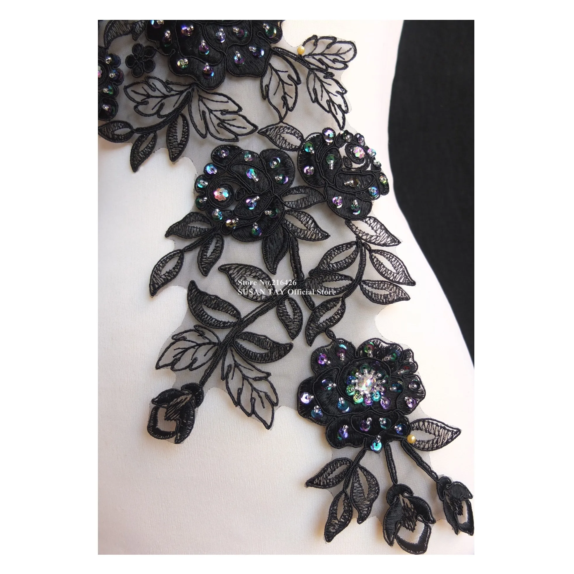 1 шт. х Новая длинная ручная работа черная вышито бисером с блестками 3D цветок